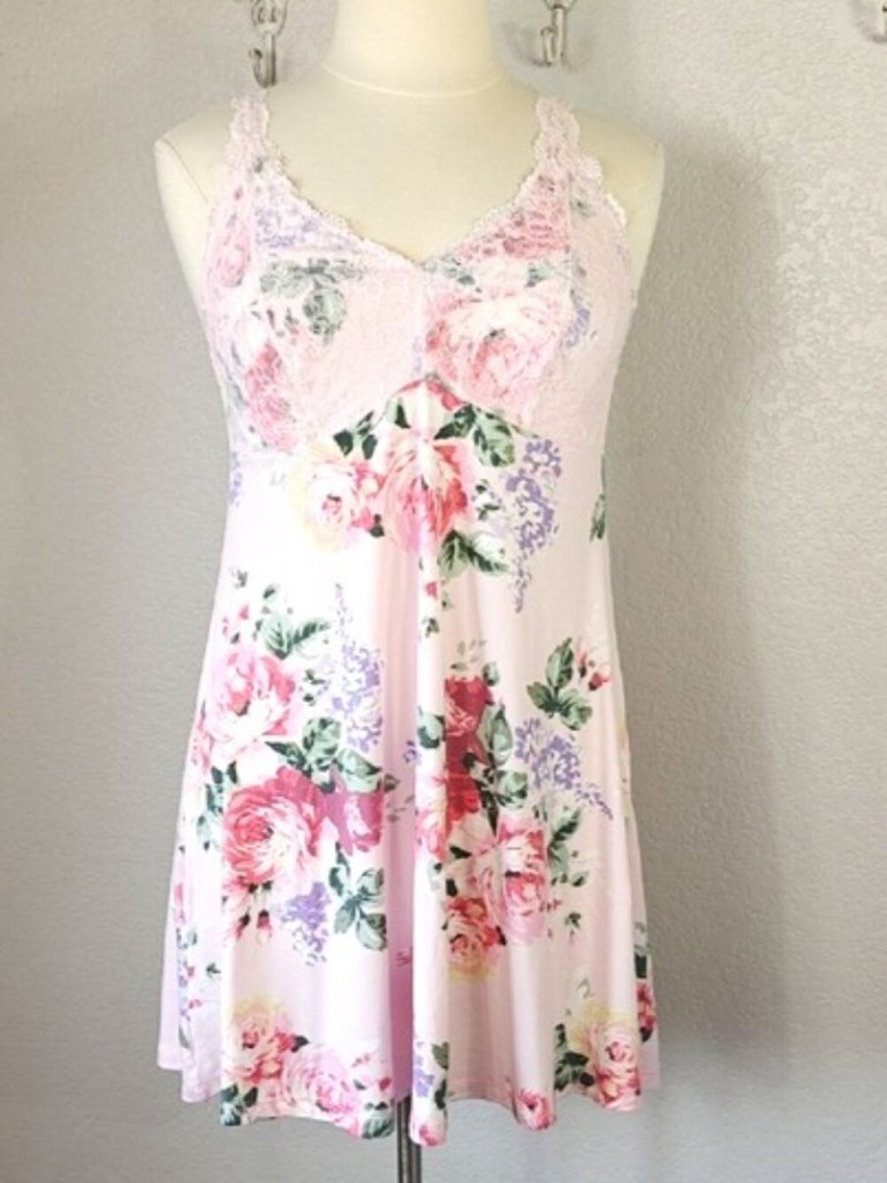 Flora Nikrooz XL Pink Floral Chemise Lace Bodice Cottagecore Fairy Pajamas